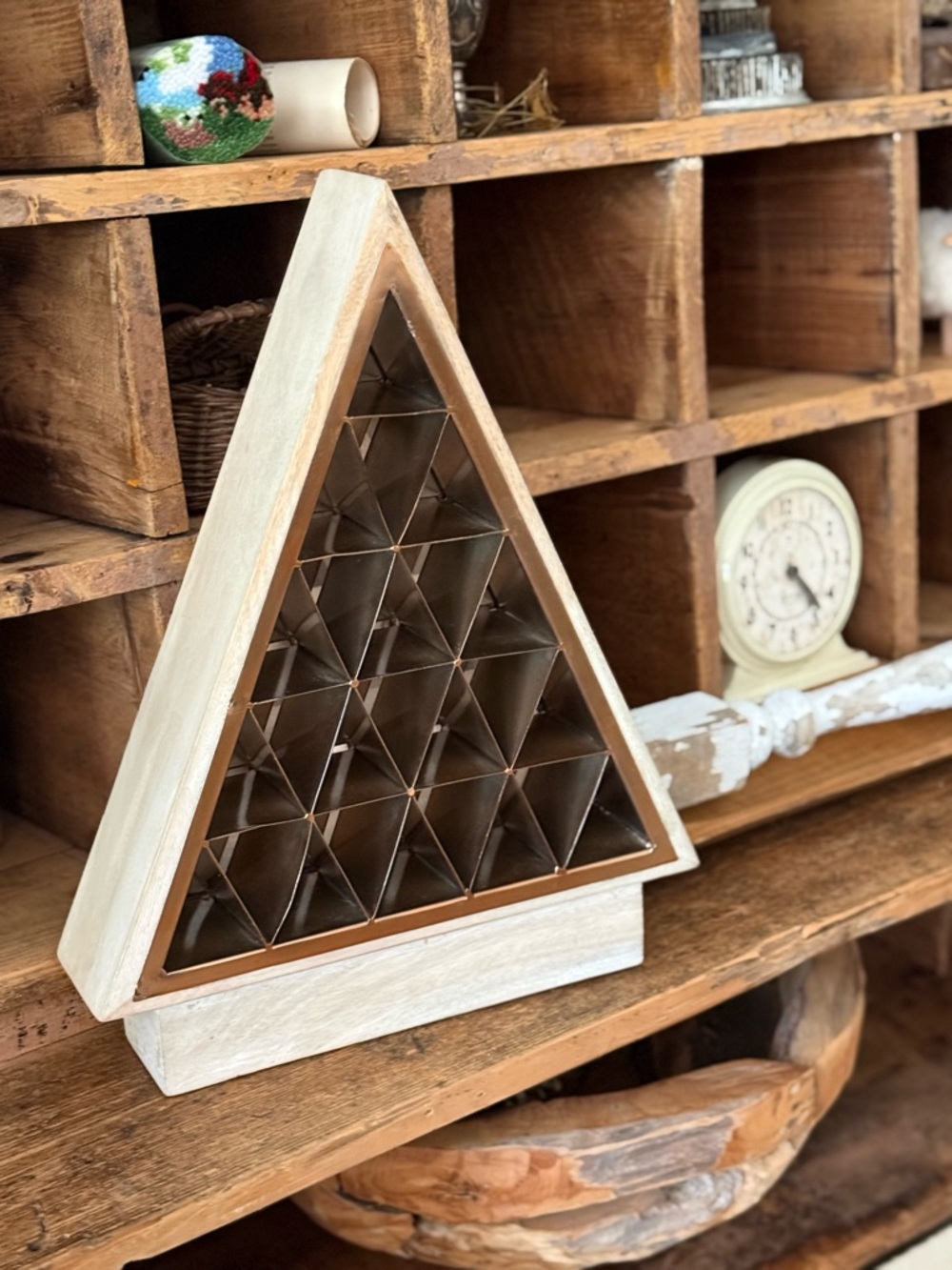 Heavy Wooden Triangle Shelf Display - Miniatures Natural Finish Copper